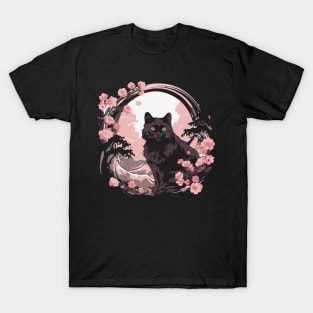 Black cat kanagawa wave T-Shirt